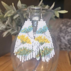 Handmade Beaded Ginko Floral Beaded Fringe Earrings